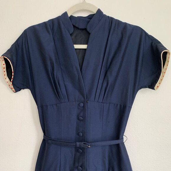 Vintage 50s Navy Belted Party Dress Cocktail Fitted Size XSmall Rockabilly - Picture 3 of 9